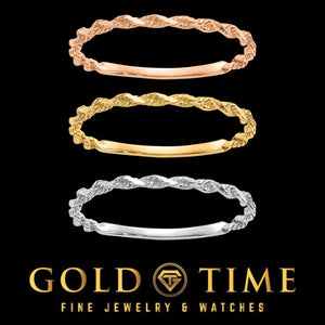 Twisted rope stacking rings in rose gold, yellow gold, and white gold, each with a diamond-cut rope twist and smooth polished section
