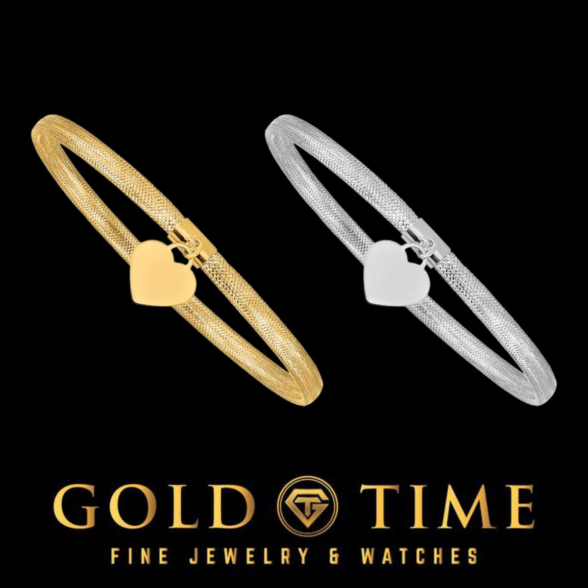 14k Gold Woven Mesh Heart Charm Bracelet for Women - Personalized Slip-On Stretch Bangle Bracelet