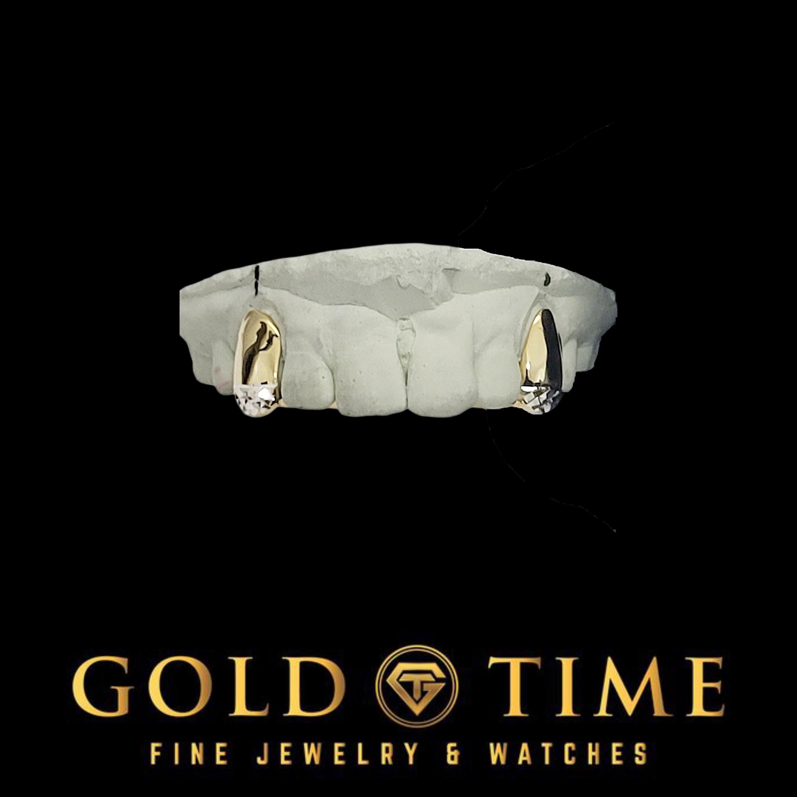 Custom 2-Piece Solid with Trillion Tip Canines  Two Tone Silver or Gold