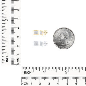 Size chart for 5mm 10K gold diamond kite square stud earrings next to a ruler and a quarter