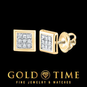 Yellow gold square pave diamond stud earrings with screw back posts