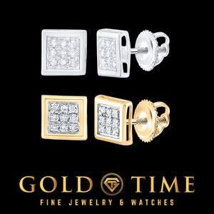Two pairs of 10K gold square pave diamond stud earrings, white gold and yellow gold, on a black Gold Time card