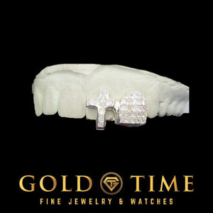 Double cap grillz with moissanite cross detail close-up