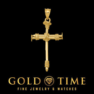 Solid 14K yellow gold nail cross pendant with rope wrapped detail