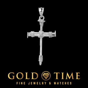 Solid 14K white gold nail cross pendant with rope wrapped detail