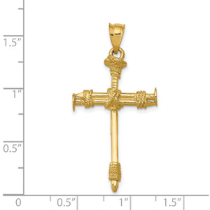 Size chart showing the nail cross pendant beside a ruler, about an inch and a half tall