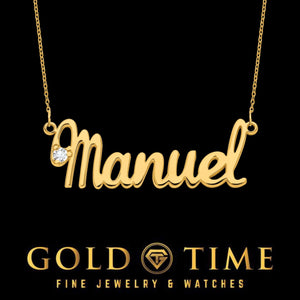 Yellow gold cursive nameplate necklace reading Manuel with a set birthstone