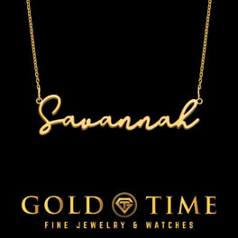 Dainty script name necklace in yellow gold with a personalized cursive name