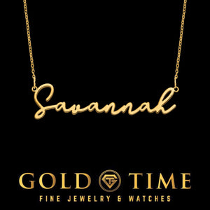 Dainty script name necklace in yellow gold with a personalized cursive name