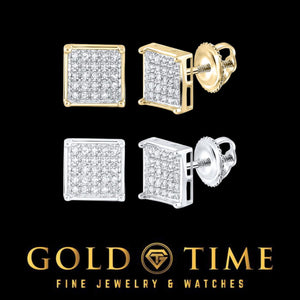 Yellow gold and white gold diamond square cluster studs with screw backs on a black Gold Time background