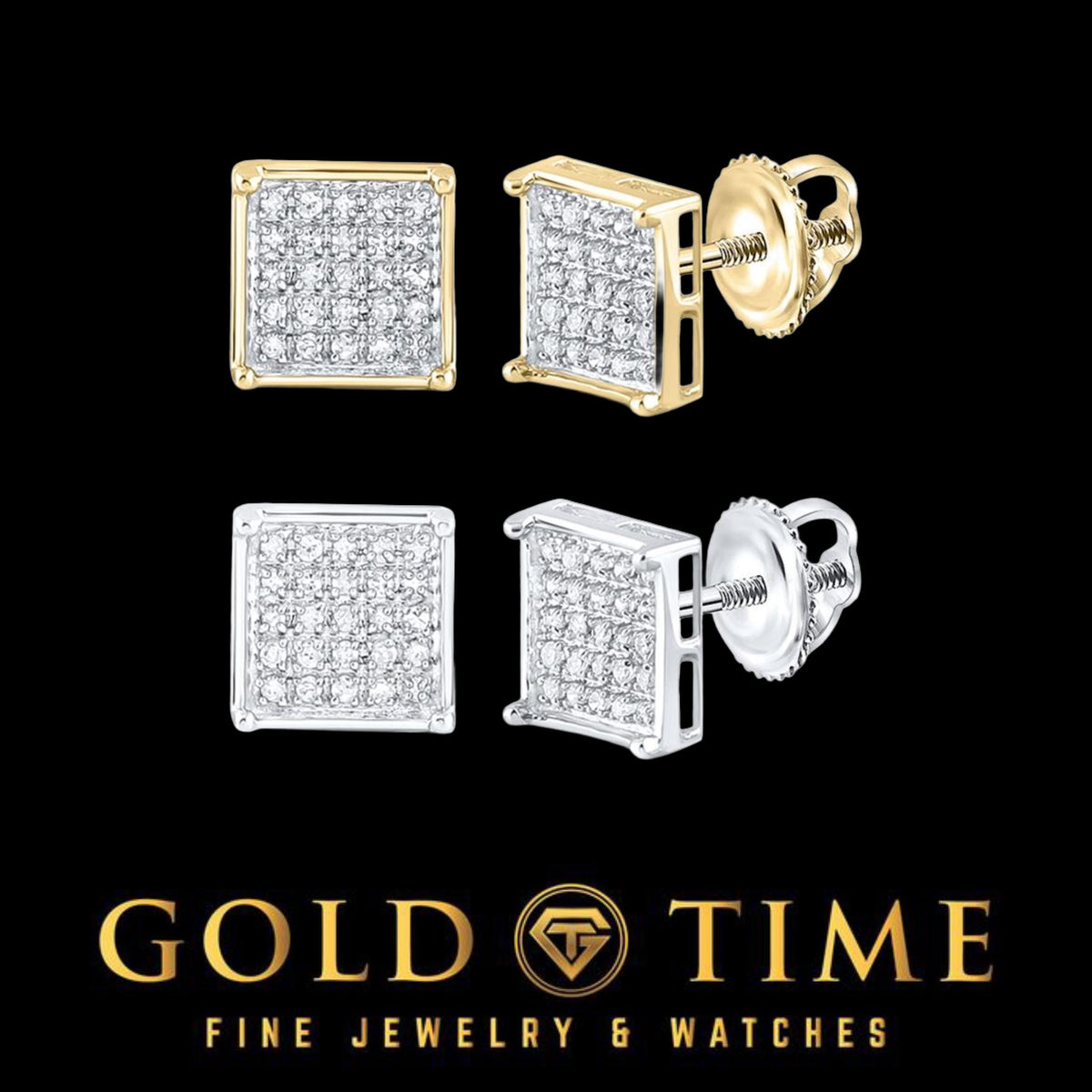 Gold Diamond Square Cluster Earrings | 10k 14k Yellow or White Gold Studs | Natural Diamond Screw Back Earrings | Fine Jewelry Gift