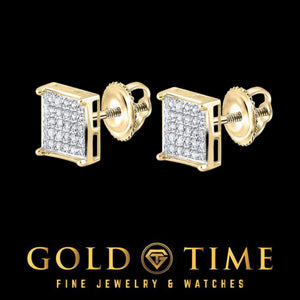 Pair of yellow gold diamond square cluster studs angled to show the screw backs