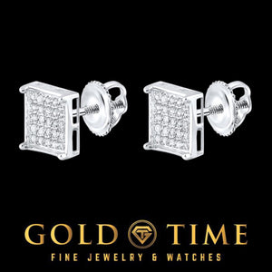 Pair of white gold diamond square cluster studs angled to show the screw backs