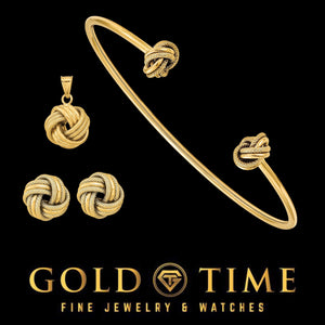 14k yellow gold love knot set: pendant, stud earrings, and bangle bracelet with knot ends
