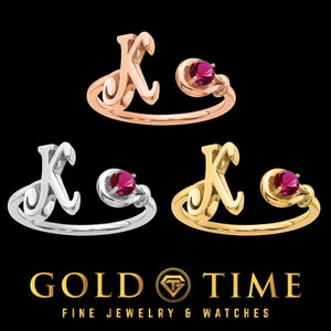 Initial birthstone rings for the letter K in rose gold, silver and yellow gold