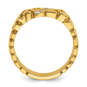 Front view through the band of the gold nugget diamond ring showing the textured shank