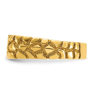 Side view of the men's gold nugget ring showing the nugget texture running down the band