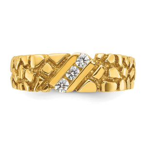 Angled view of the men's 14k gold nugget ring with diagonal channel set diamonds