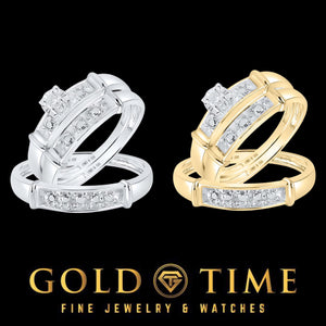 Both his and hers trio ring sets, silver and gold plated, on a black Gold Time card