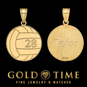 Yellow gold volleyball pendant with number 28 on the front and the name Taylor on the back