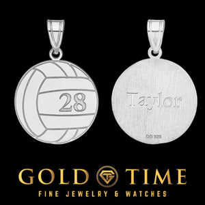 Sterling silver volleyball pendant front with number 28 and brushed back engraved Taylor