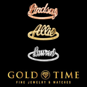 Script name rings in rose gold, yellow gold and white metal reading Lindsay, Allie and Lauren