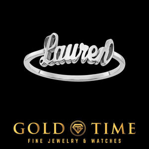 Dainty white gold or sterling silver script name ring reading Lauren