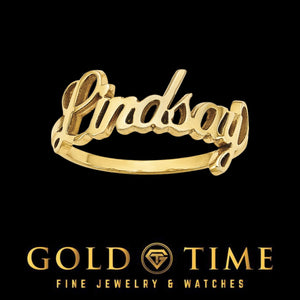 Yellow gold Lindsay script name ring with a polished finish