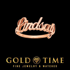 Rose gold script name ring reading Lindsay on a slim band