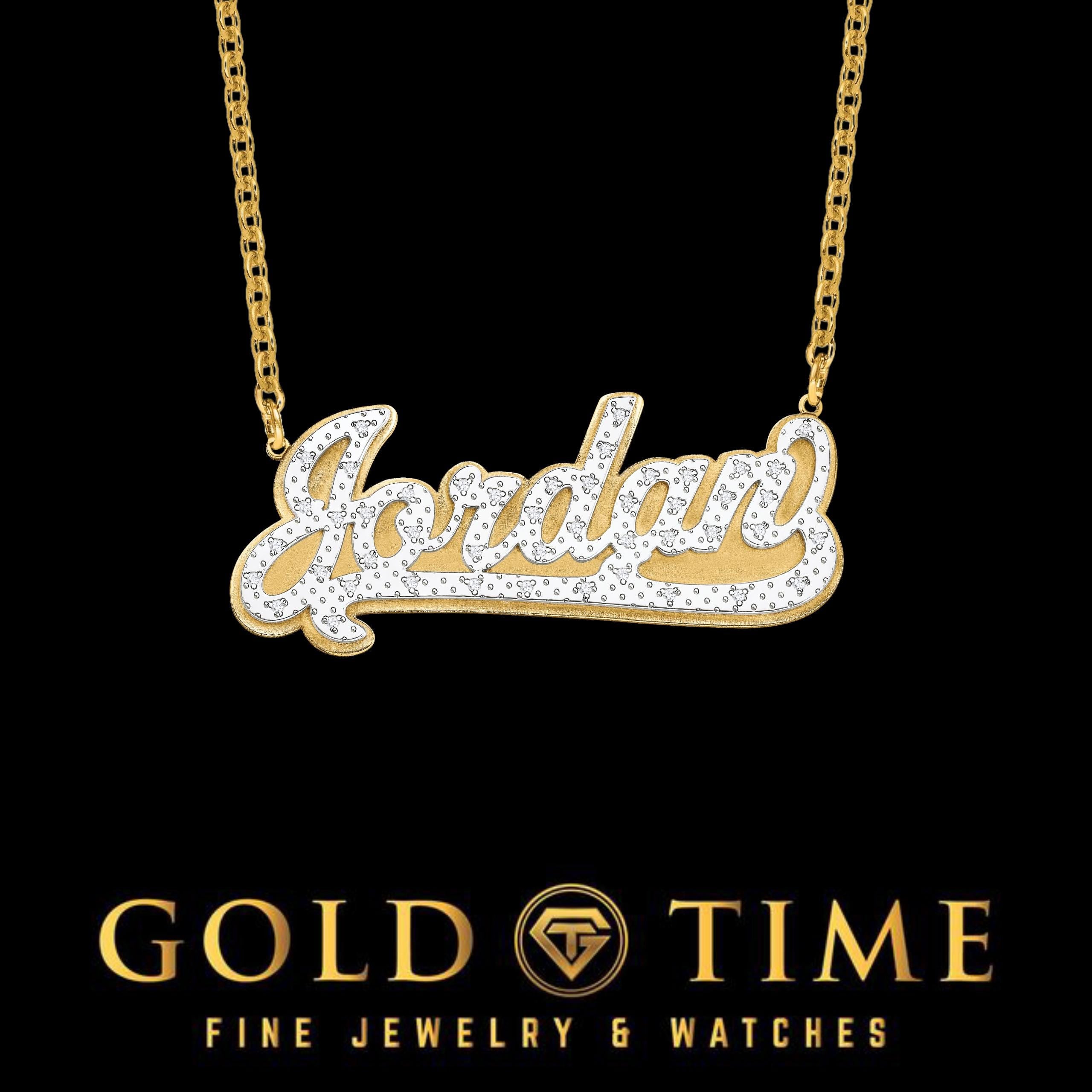 Personalized 3D Two Tone Gold & Diamond Name Necklace | 10k or 14k Gold