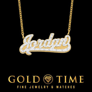 3D two tone gold name necklace reading Jordan with diamond set script lettering on a chain
