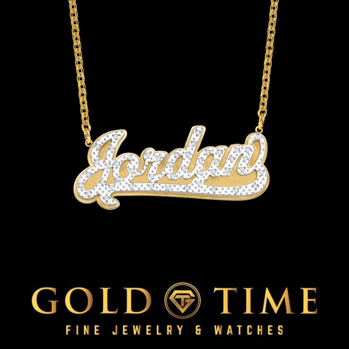 Personalized 3D Two Tone Gold & Diamond Name Necklace | 10k or 14k Gold