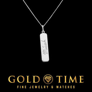 Sterling silver handwriting bar pendant engraved with the name Micah in cursive handwriting, on a silver cable chain