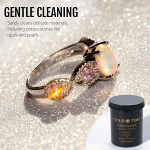 Opal ring beside a jar of Gold Time jewelry cleaner with a gentle cleaning headline