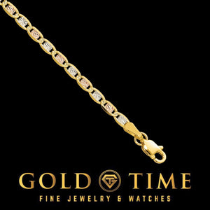 14k tri-color gold Valentino link bracelet with lobster clasp on a black background