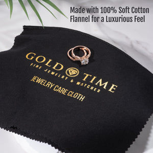 Gold Time care cloth with rose gold rings, noting 100% soft cotton flannel