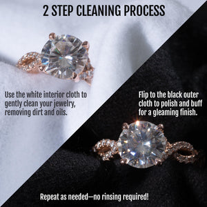 2 step cleaning graphic: white side cleans, black side polishes a diamond ring