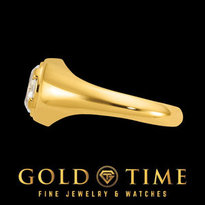 Side view of the men's yellow gold solitaire ring showing the raised bezel and tapered shank