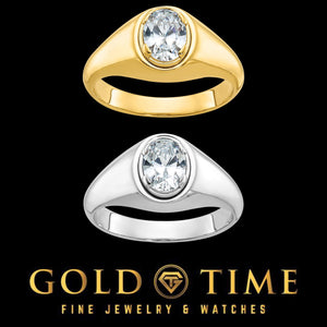 Men's 10k or 14k gold solitaire ring with bezel set 1 carat oval lab diamond shown in yellow and white gold