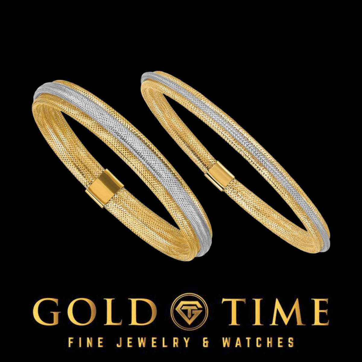 14k Two Tone Mesh Stretch Slip On Bangle Bracelet for Women