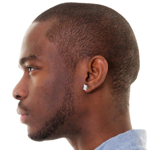 Man wearing a white gold 5mm diamond kite square stud earring