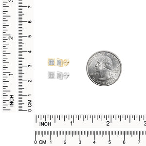 Size chart showing both pairs of square studs beside a dime and a ruler