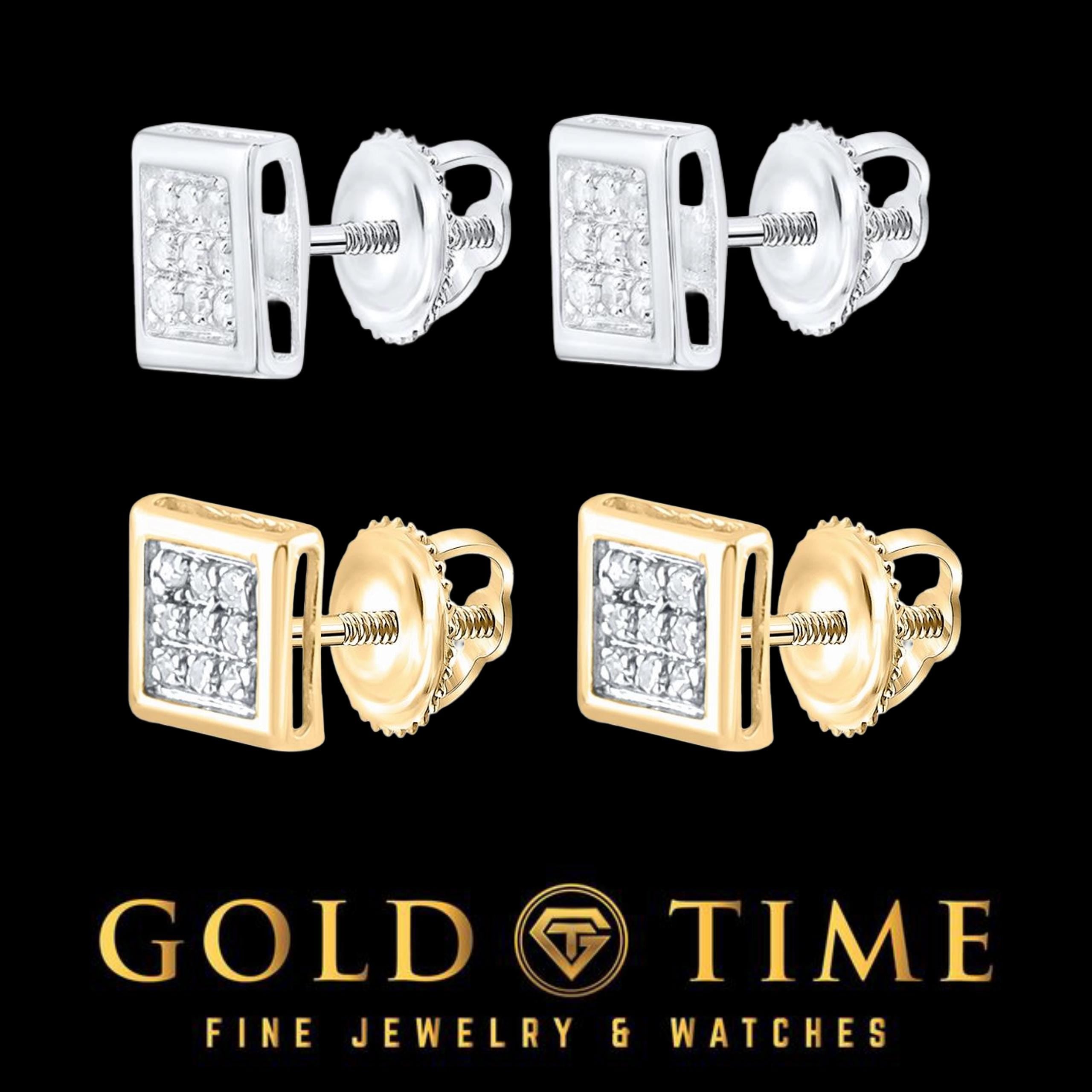 10K Gold and Diamond Square Screw Back Earrings - 1/20 CT, 5mm