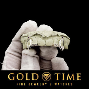 Custom 4-piece open face fang grillz with moissanite incisor tips