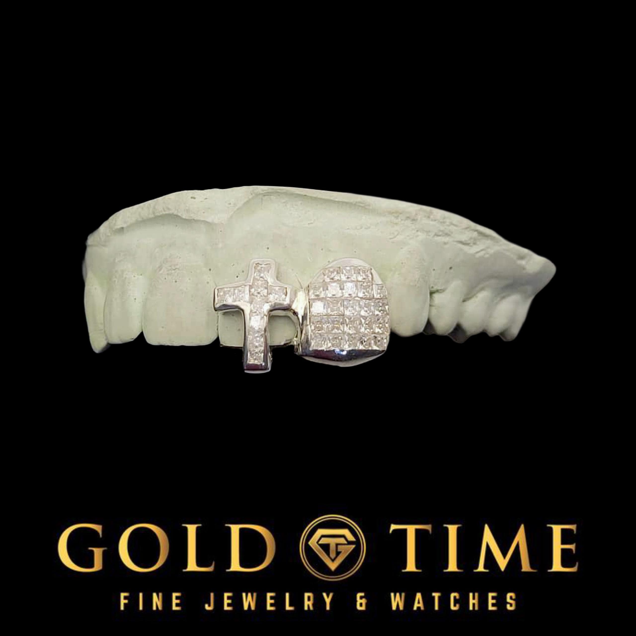 Custom Double Cap Grillz with Invisible-Set Moissanite Cross
