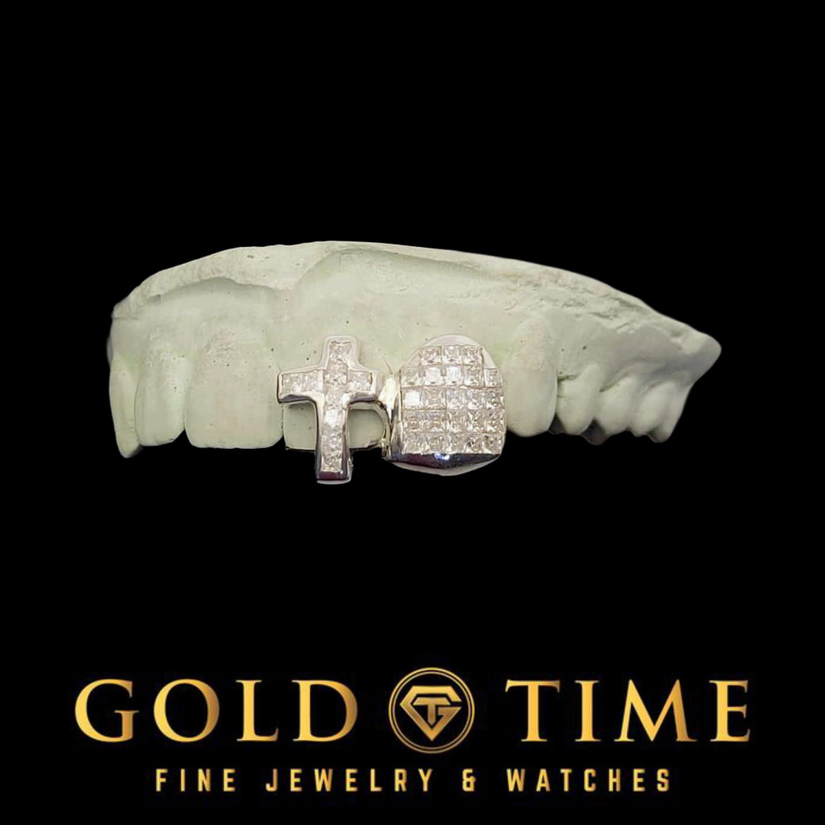 Custom Double Cap Grillz with Invisible-Set Moissanite Cross