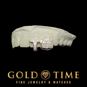 Custom double cap grillz with invisible-set moissanite cross