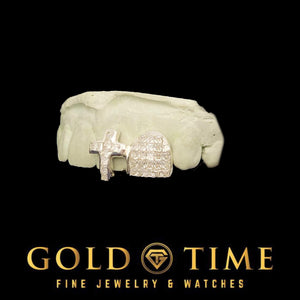 Moissanite cross grillz shown in solid 14K gold