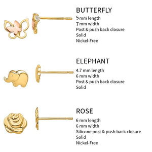 Butterfly, elephant, and rose 14k gold kids stud earrings with size and closure details
