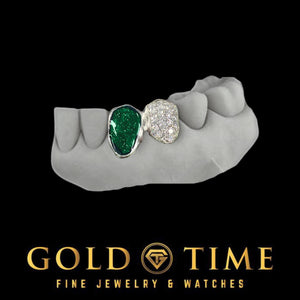 Custom 2 piece grillz with an emerald green stone cap next to a honeycomb moissanite bustdown cap on a dental mold
